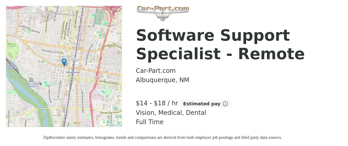 Car-Part.com job posting for a Software Support Specialist - Remote in Albuquerque, NM with a salary of $15 to $19 Hourly and benefits including dental, life_insurance, medical, retirement, and vision with a map of Albuquerque location.