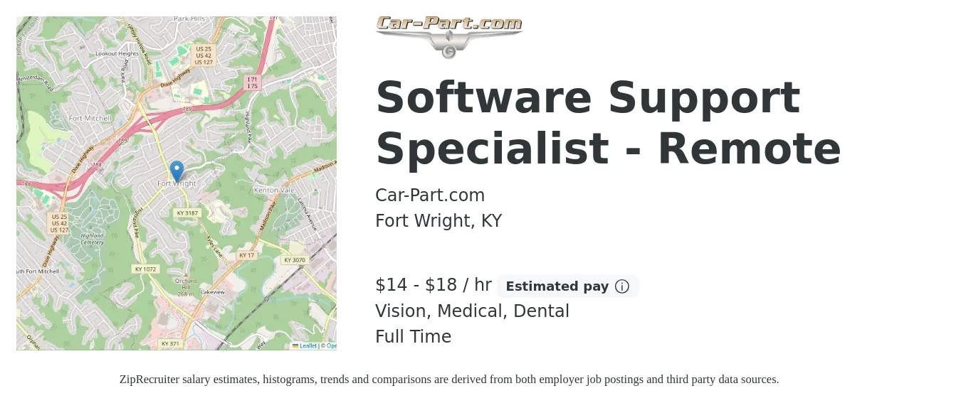 Car-Part.com job posting for a Software Support Specialist - Remote in Fort Wright, KY with a salary of $15 to $19 Hourly and benefits including medical, retirement, vision, dental, and life_insurance with a map of Fort Wright location.