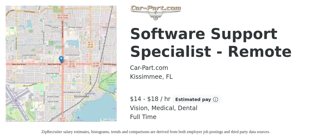 Car-Part.com job posting for a Software Support Specialist - Remote in Kissimmee, FL with a salary of $15 to $19 Hourly and benefits including retirement, vision, dental, life_insurance, and medical with a map of Kissimmee location.