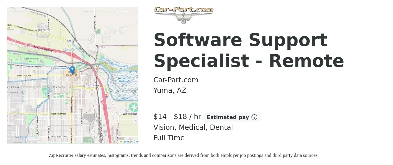 Car-Part.com job posting for a Software Support Specialist - Remote in Yuma, AZ with a salary of $15 to $19 Hourly and benefits including medical, retirement, vision, dental, and life_insurance with a map of Yuma location.