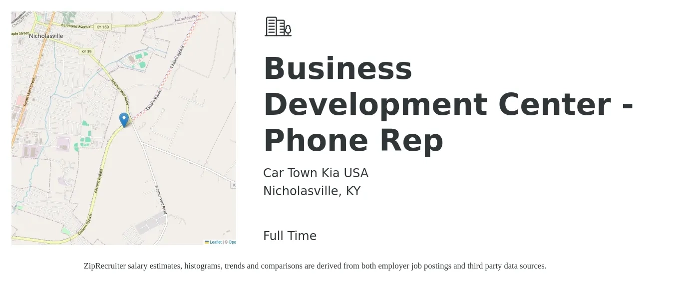 Car Town Kia USA job posting for a Business Development Center - Phone Rep in Nicholasville, KY with a salary of $39,800 to $61,900 Yearly with a map of Nicholasville location.