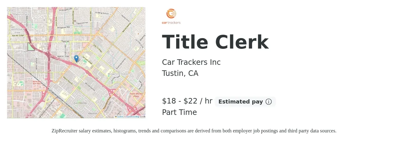 Car Trackers Inc job posting for a Title Clerk in Tustin, CA with a salary of $19 to $24 Hourly with a map of Tustin location.