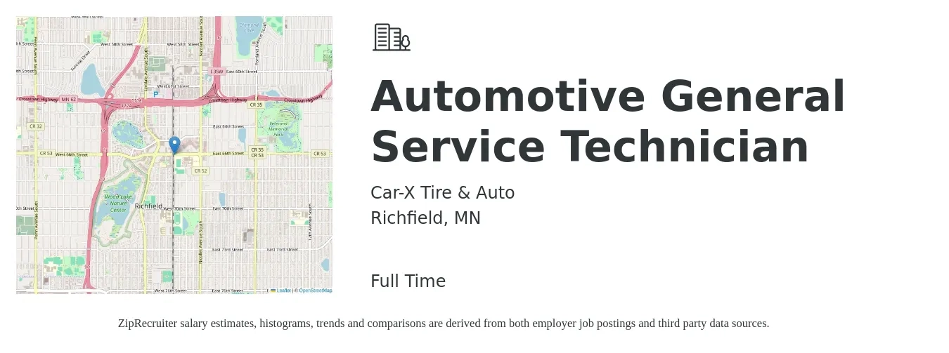 Car-X Tire & Auto job posting for a Automotive General Service Technician in Richfield, MN with a salary of $20 to $32 Hourly with a map of Richfield location.