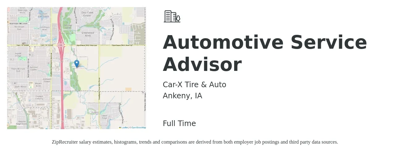 Car-X Tire & Auto job posting for a Automotive Service Advisor in Ankeny, IA with a salary of $18 to $29 Hourly with a map of Ankeny location.