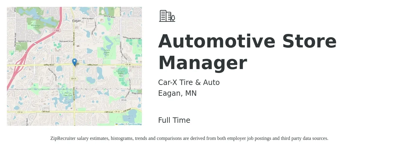 Car-X Tire & Auto job posting for a Automotive Store Manager in Eagan, MN with a salary of $42,300 to $65,800 Yearly with a map of Eagan location.