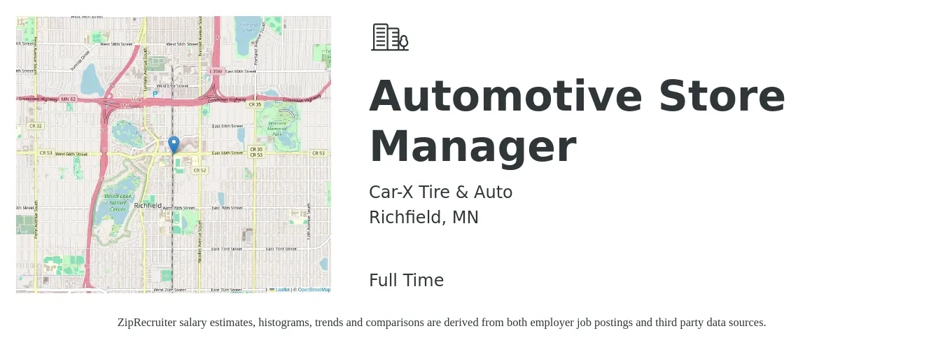 Car-X Tire & Auto job posting for a Automotive Store Manager in Richfield, MN with a salary of $43,000 to $66,800 Yearly with a map of Richfield location.