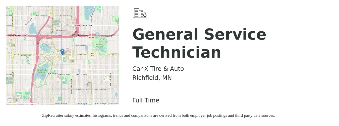 Car-X Tire & Auto job posting for a General Service Technician in Richfield, MN with a salary of $16 to $20 Hourly with a map of Richfield location.