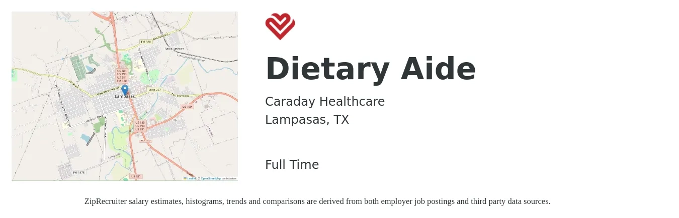 Caraday Healthcare job posting for a Dietary Aide in Lampasas, TX with a salary of $12 to $14 Hourly with a map of Lampasas location.