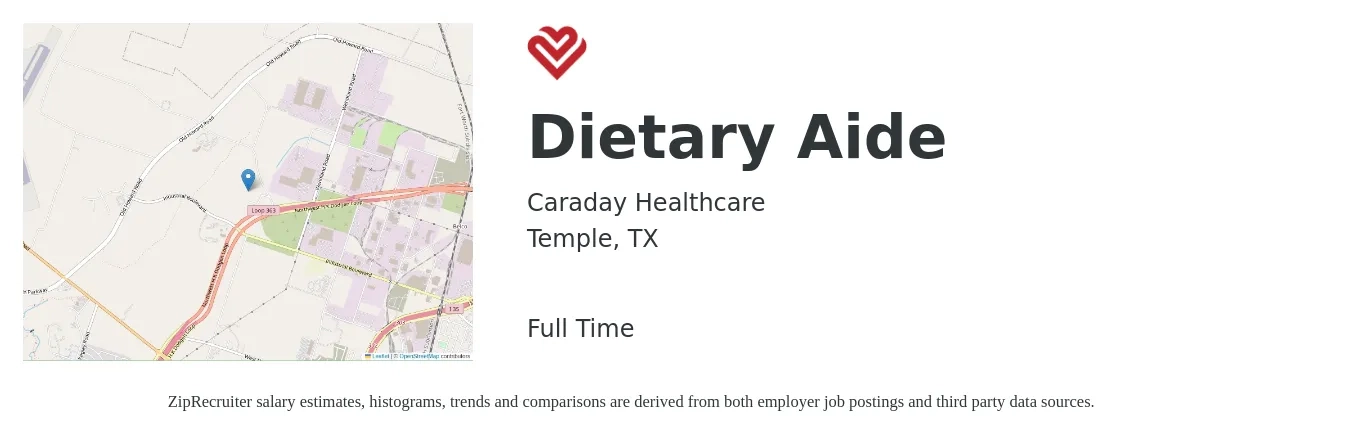 Caraday Healthcare job posting for a Dietary Aide in Temple, TX with a salary of $11 to $14 Hourly with a map of Temple location.