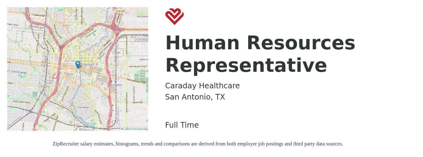Caraday Healthcare job posting for a Human Resources Representative in San Antonio, TX with a salary of $18 to $27 Hourly with a map of San Antonio location.