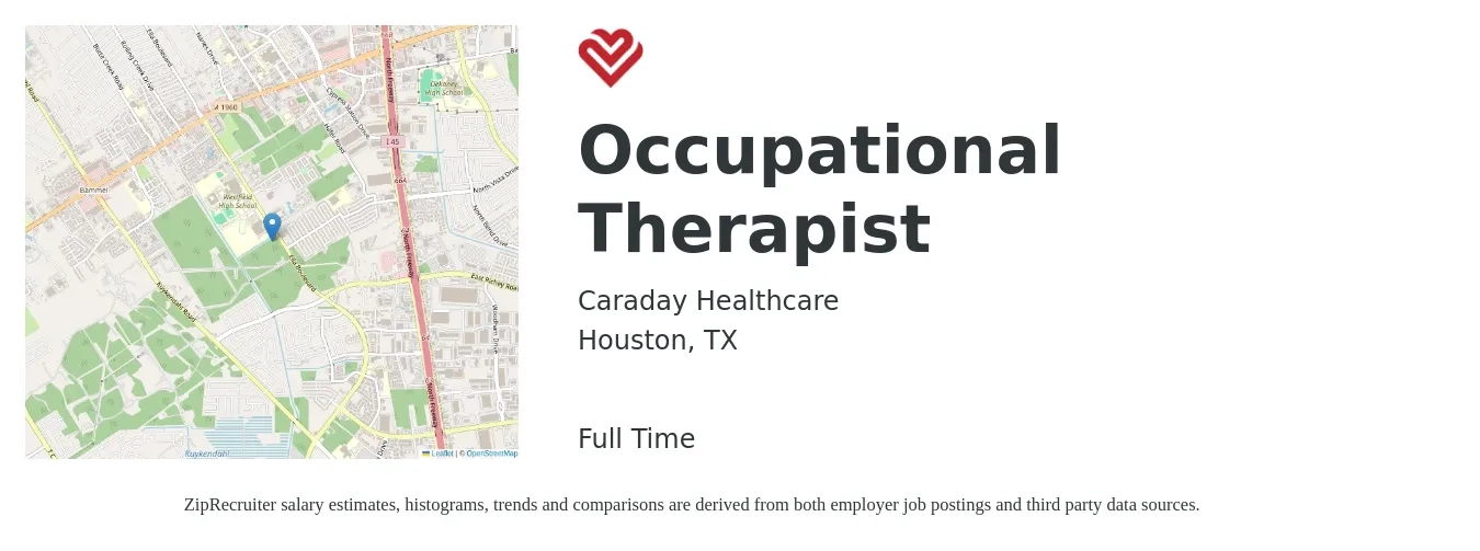 Caraday Healthcare job posting for a Occupational Therapist in Houston, TX with a salary of $35 to $46 Hourly with a map of Houston location.