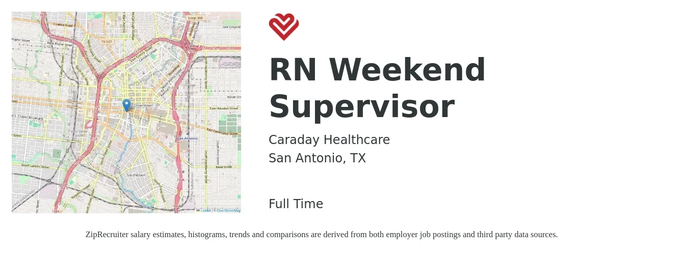 Caraday Healthcare job posting for a RN Weekend Supervisor in San Antonio, TX with a salary of $36 to $52 Hourly with a map of San Antonio location.