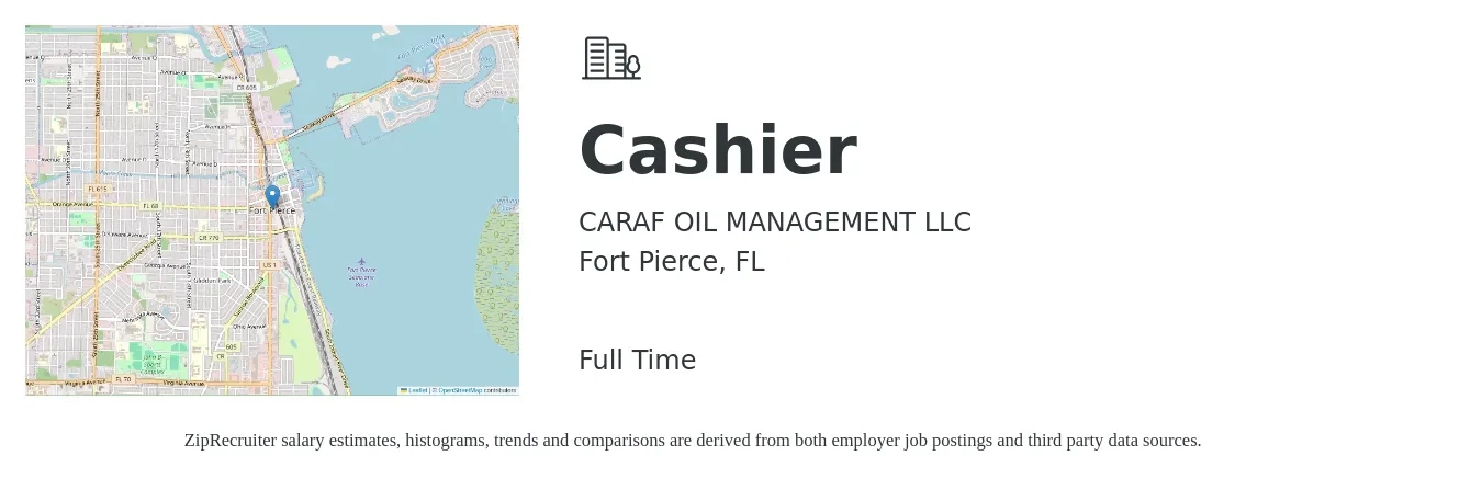 CARAF OIL MANAGEMENT LLC job posting for a Cashier in Fort Pierce, FL with a salary of $10 to $13 Hourly with a map of Fort Pierce location.