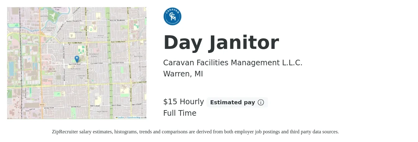 Caravan Facilities Management L.L.C. job posting for a Day Janitor in Warren, MI with a salary of $16 Hourly with a map of Warren location.