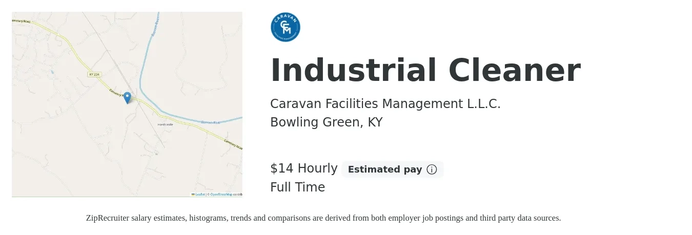 Caravan Facilities Management L.L.C. job posting for a Industrial Cleaner in Bowling Green, KY with a salary of $16 Hourly with a map of Bowling Green location.
