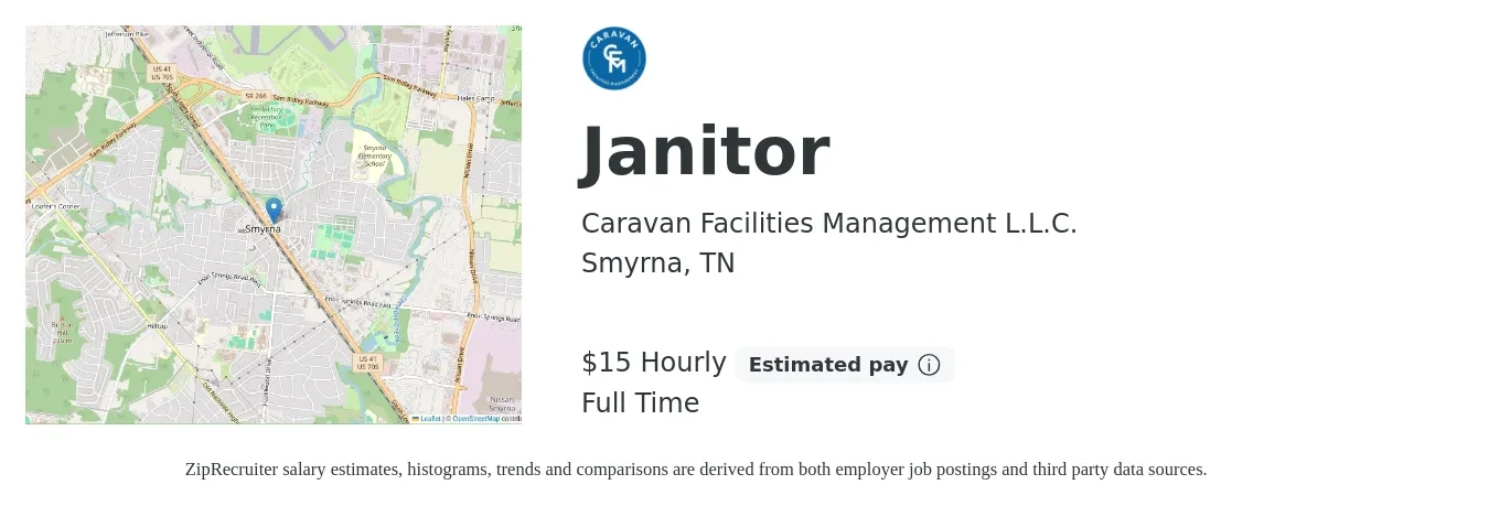 Caravan Facilities Management L.L.C. job posting for a Janitor in Smyrna, TN with a salary of $16 Hourly with a map of Smyrna location.