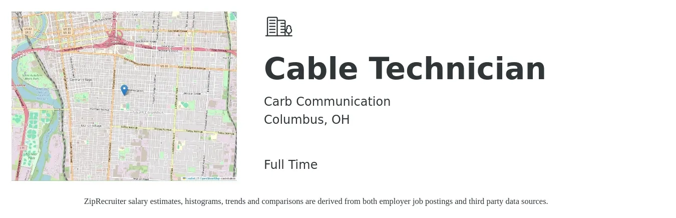 Carb Communication job posting for a Cable Technician in Columbus, OH with a salary of $19 to $25 Hourly with a map of Columbus location.