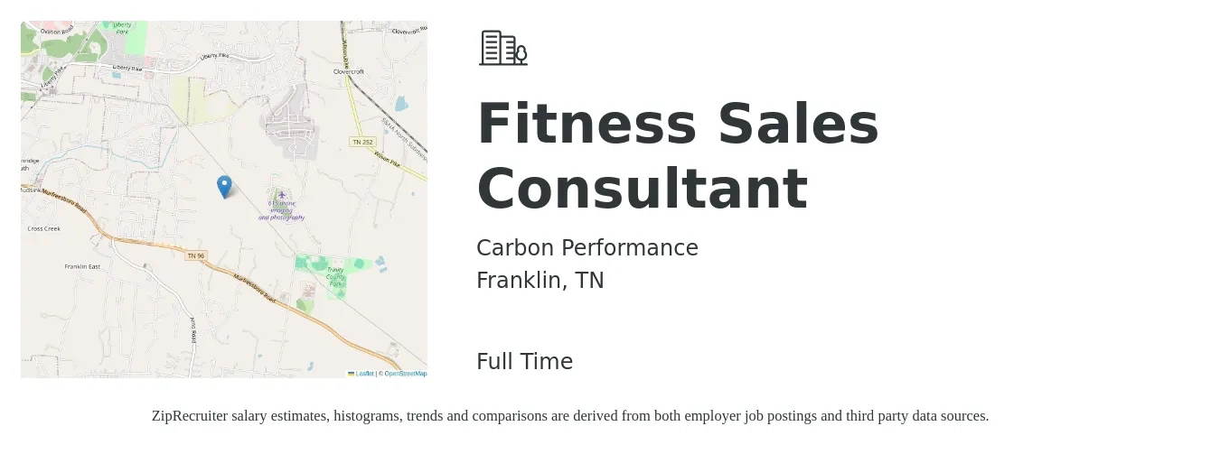 Carbon Performance job posting for a Fitness Sales Consultant in Franklin, TN with a salary of $12 to $26 Hourly with a map of Franklin location.