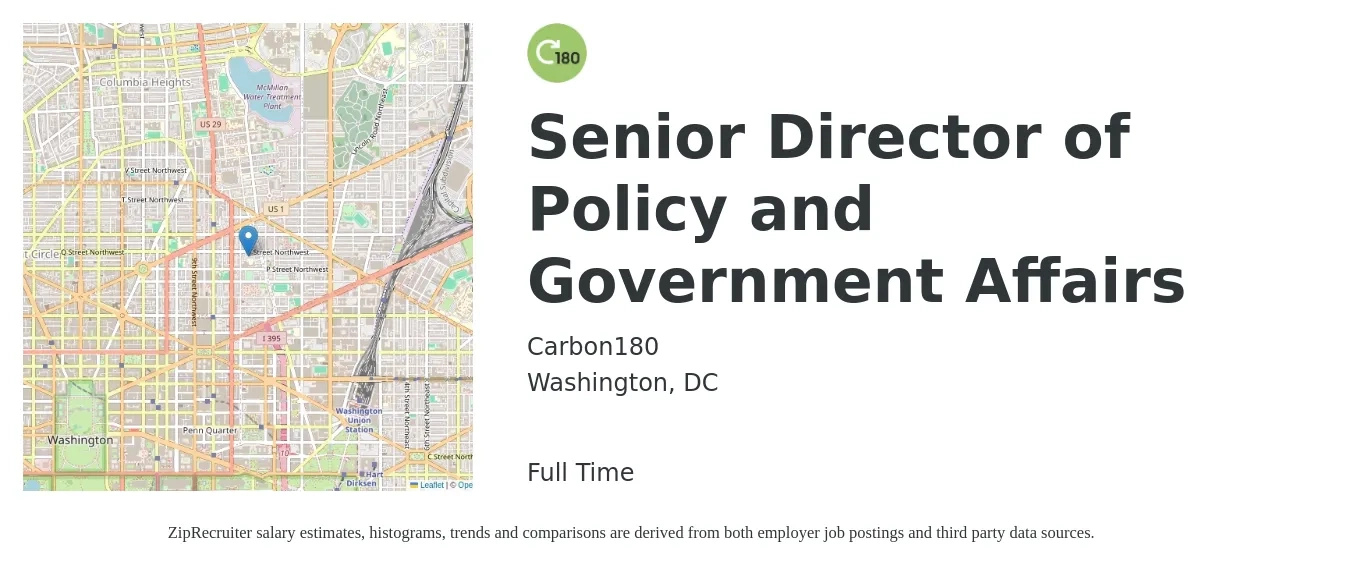 Carbon180 job posting for a Senior Director of Policy and Government Affairs in Washington, DC with a salary of $100,800 to $194,200 Yearly with a map of Washington location.