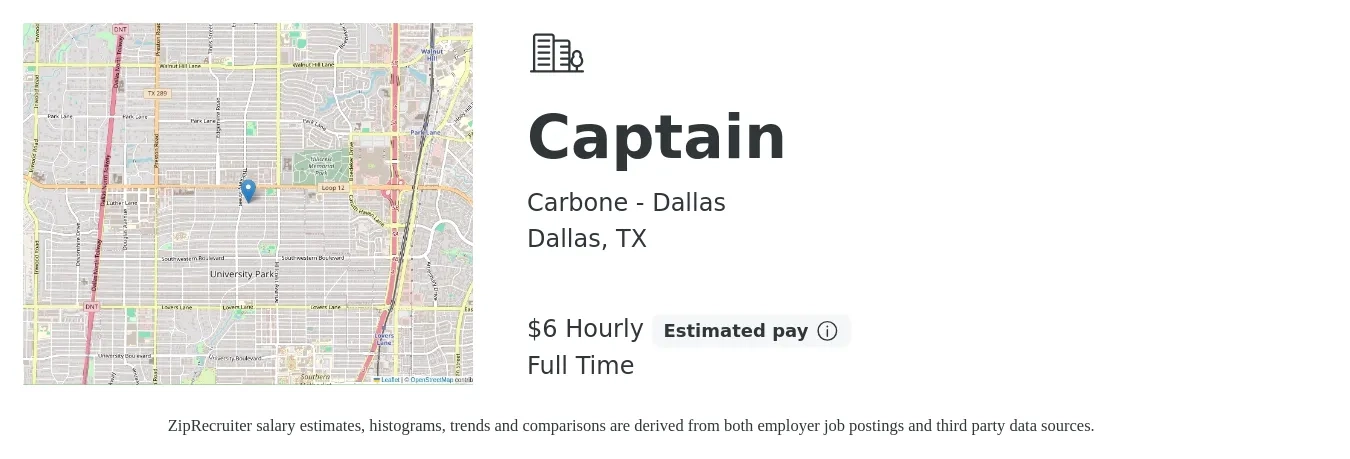 Carbone - Dallas job posting for a Captain in Dallas, TX with a salary of $7 Hourly with a map of Dallas location.
