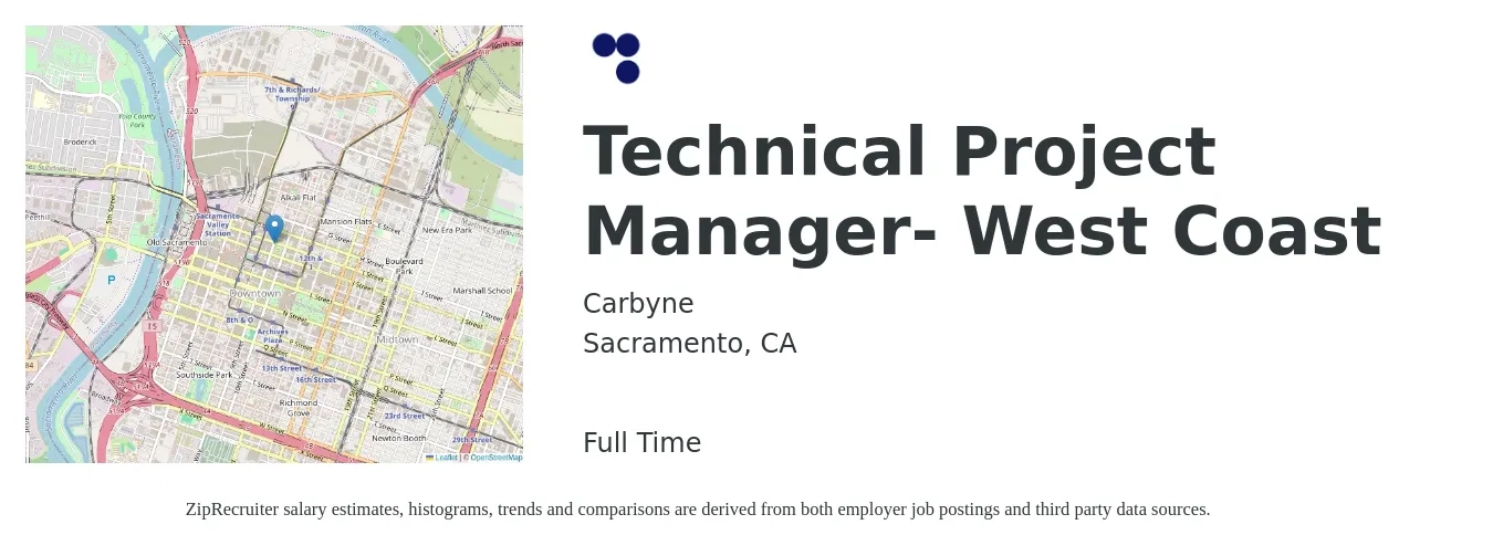 Carbyne job posting for a Technical Project Manager- West Coast in Sacramento, CA with a salary of $102,400 to $143,400 Yearly with a map of Sacramento location.