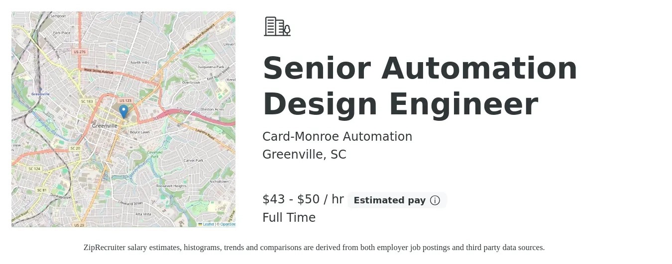 Card-Monroe Automation job posting for a Senior Automation Design Engineer in Greenville, SC with a salary of $45 to $52 Hourly with a map of Greenville location.