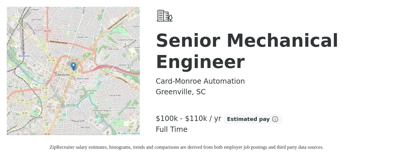 Card-Monroe Automation job posting for a Senior Mechanical Engineer in Greenville, SC with a salary of $100,000 to $110,000 Yearly with a map of Greenville location.