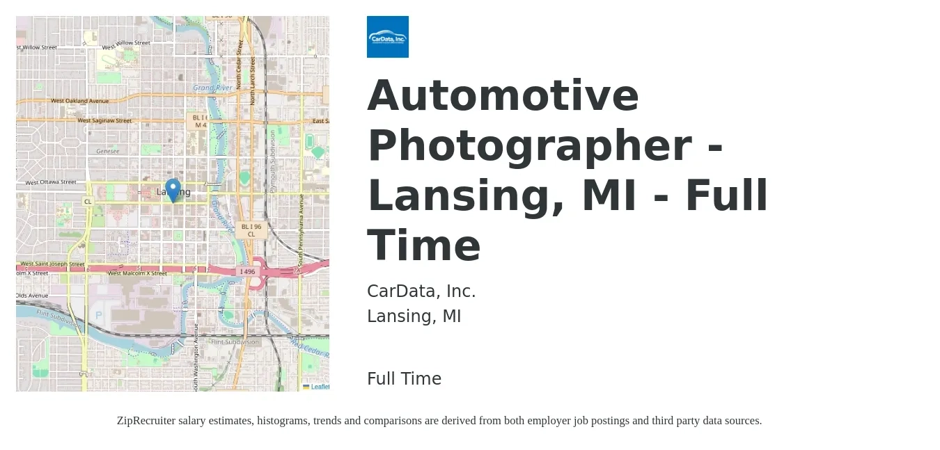 CarData, Inc. job posting for a Automotive Photographer - Lansing, MI - Full Time in Lansing, MI with a salary of $1,850 to $2,000 Monthly with a map of Lansing location.