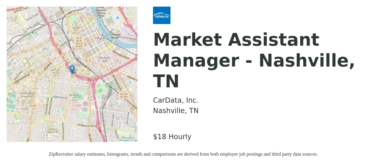 CarData, Inc. job posting for a Market Assistant Manager - Nashville, TN in Nashville, TN with a salary of $19 Hourly with a map of Nashville location.