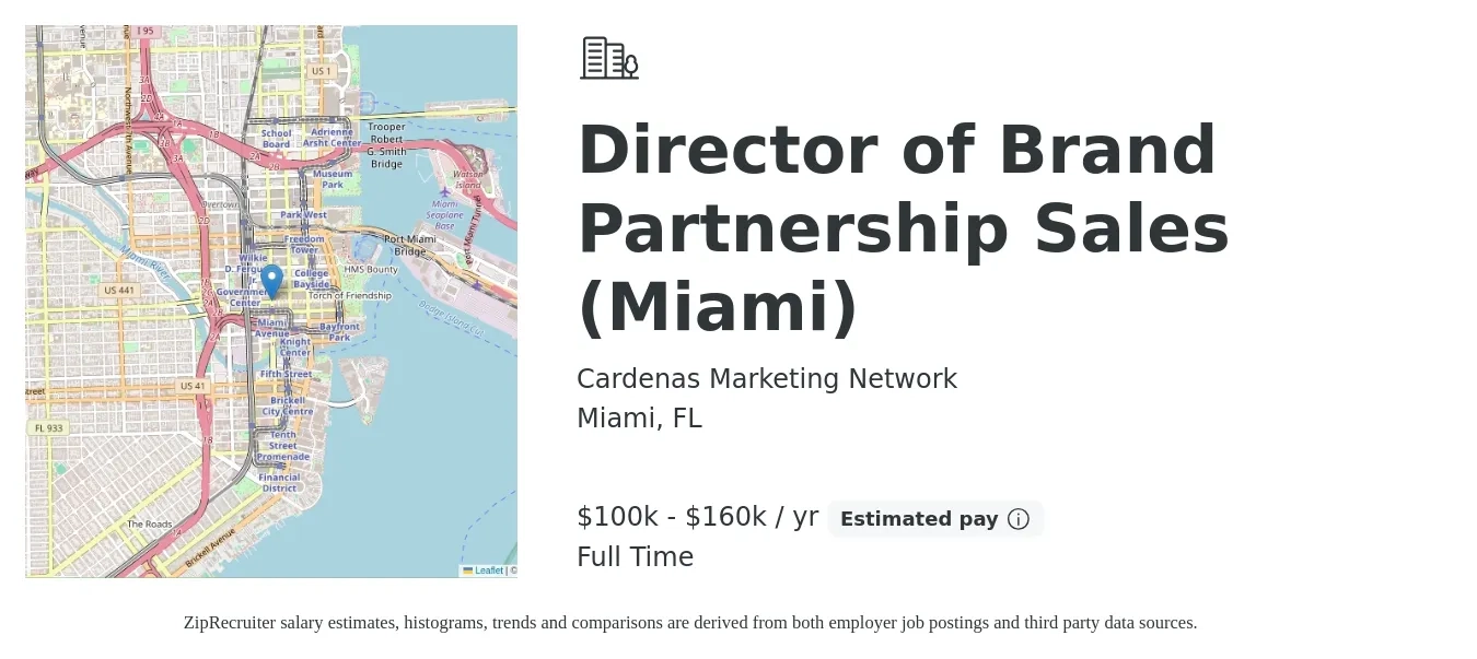 Cardenas Marketing Network job posting for a Director of Brand Partnership Sales (Miami) in Miami, FL with a salary of $100,000 to $160,000 Yearly with a map of Miami location.