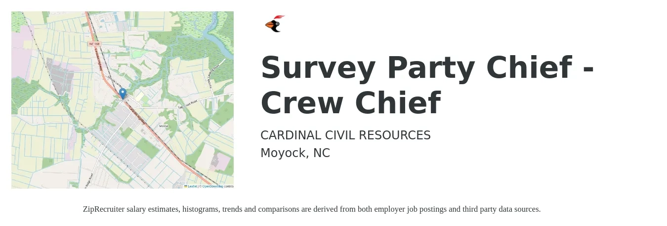 CARDINAL CIVIL RESOURCES job posting for a Survey Party Chief - Crew Chief in Moyock, NC with a salary of $24 to $35 Hourly with a map of Moyock location.