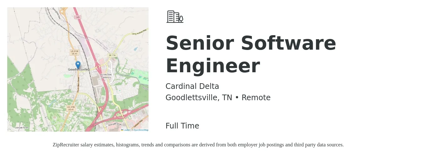 Cardinal Delta job posting for a Senior Software Engineer in Goodlettsville, TN with a salary of $114,900 to $151,500 Yearly with a map of Goodlettsville location.