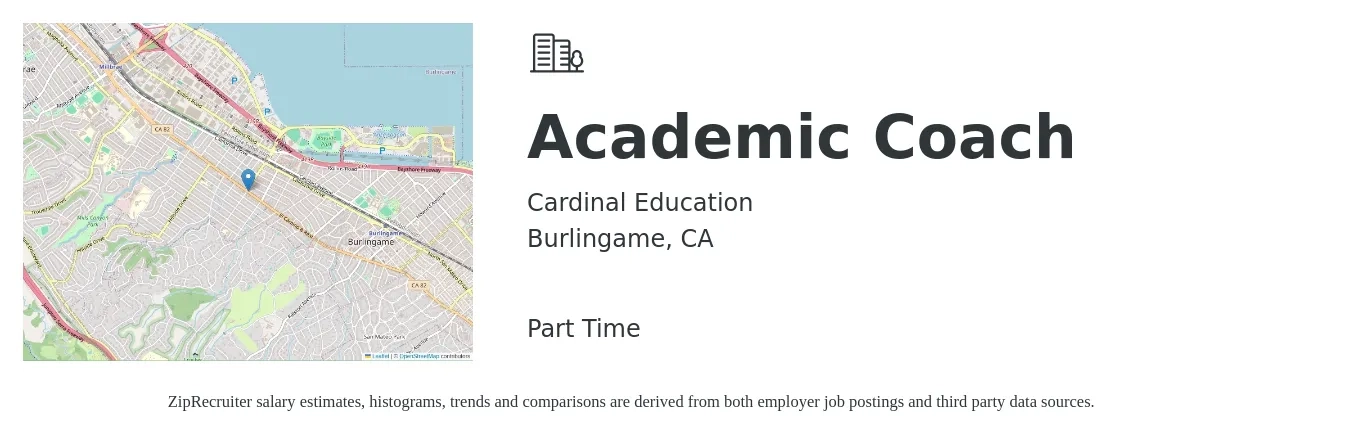 Cardinal Education job posting for a Academic Coach in Burlingame, CA with a salary of $36,700 to $55,900 Yearly with a map of Burlingame location.
