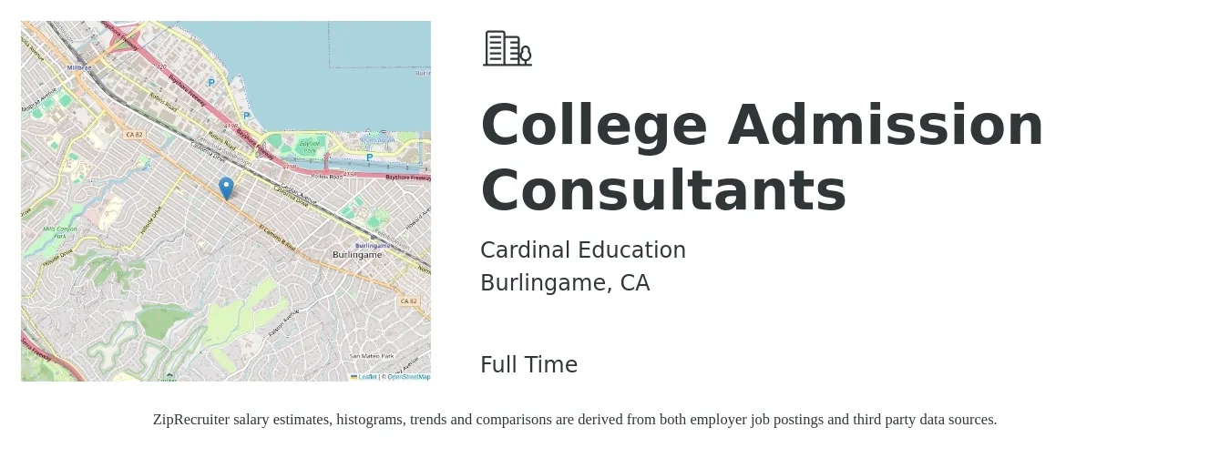 Cardinal Education job posting for a College Admission Consultants in Burlingame, CA with a salary of $60,000 to $70,000 Yearly with a map of Burlingame location.