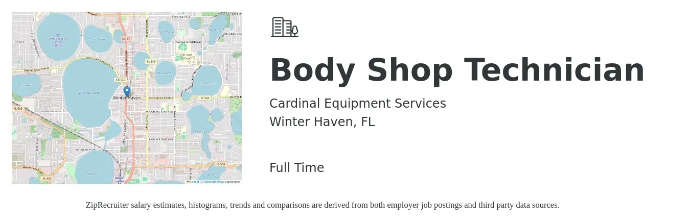 Cardinal Equipment Services job posting for a Body Shop Technician in Winter Haven, FL with a salary of $17 to $27 Hourly with a map of Winter Haven location.