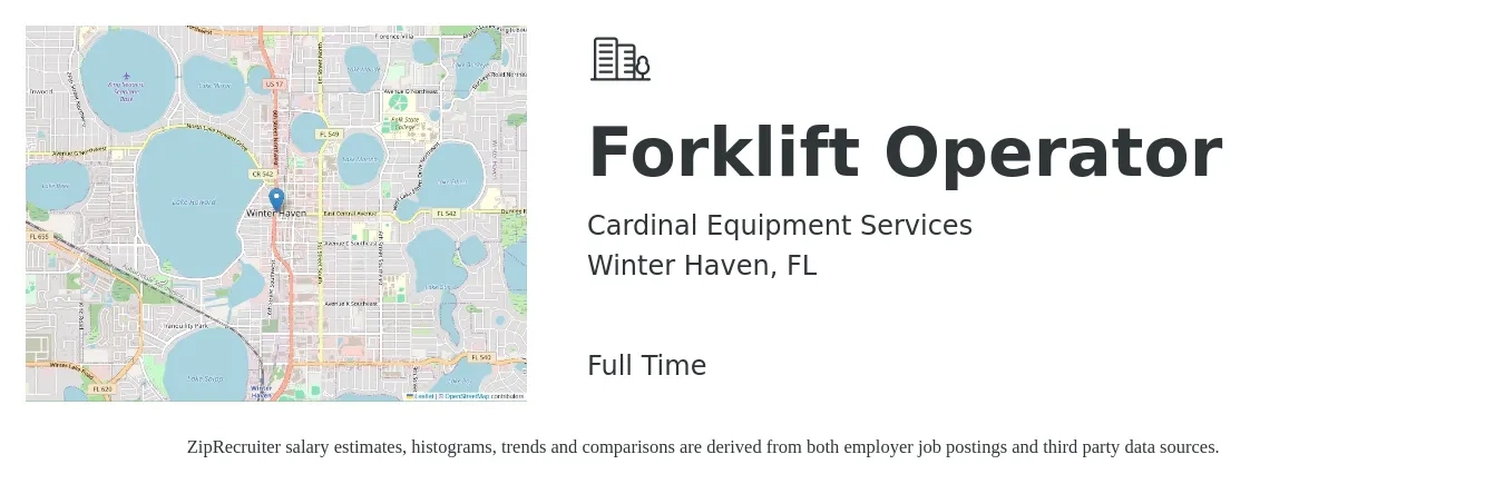 Cardinal Equipment Services job posting for a Forklift Operator in Winter Haven, FL with a salary of $15 to $18 Hourly with a map of Winter Haven location.