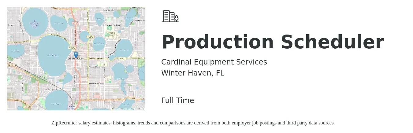 Cardinal Equipment Services job posting for a Production Scheduler in Winter Haven, FL with a salary of $20 to $30 Hourly with a map of Winter Haven location.