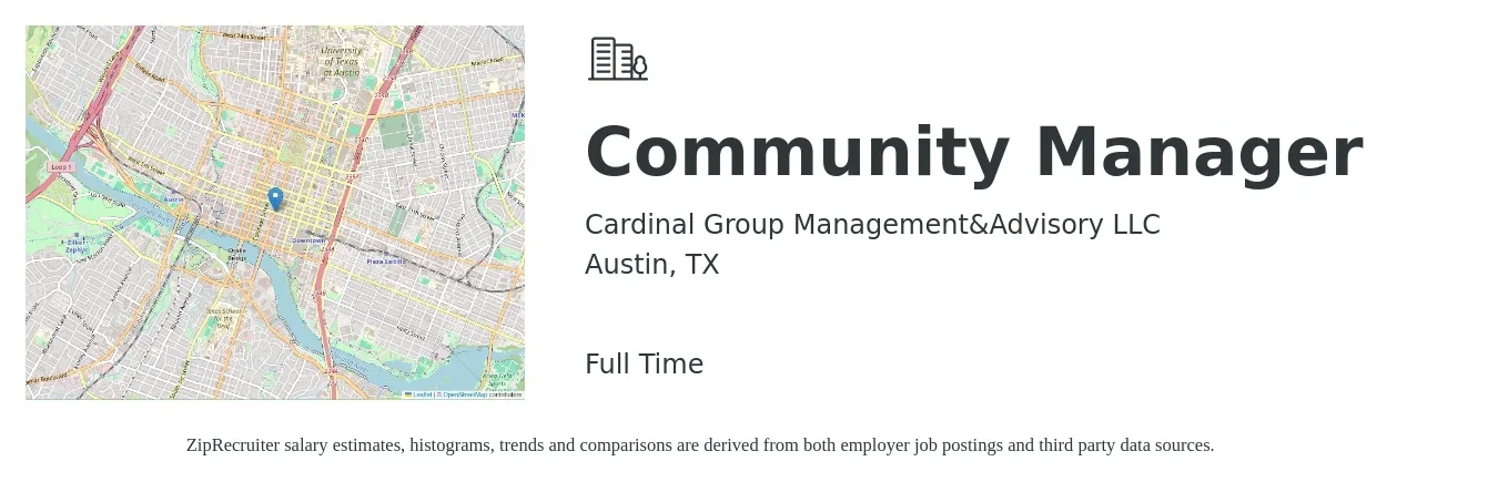 Cardinal Group Management&Advisory LLC job posting for a Community Manager in Austin, TX with a salary of $46,600 to $66,400 Yearly with a map of Austin location.