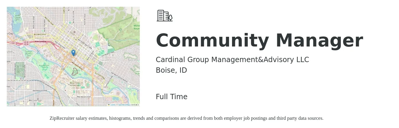 Cardinal Group Management&Advisory LLC job posting for a Community Manager in Boise, ID with a salary of $44,700 to $63,800 Yearly with a map of Boise location.