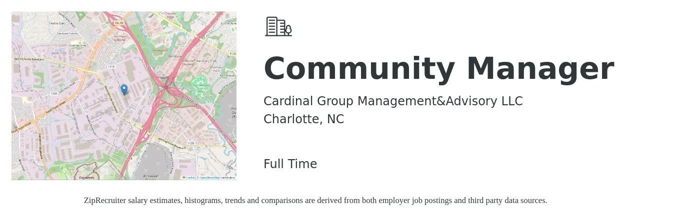 Cardinal Group Management&Advisory LLC job posting for a Community Manager in Charlotte, NC with a salary of $42,400 to $60,400 Yearly with a map of Charlotte location.