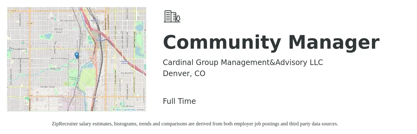 Cardinal Group Management&Advisory LLC job posting for a Community Manager in Denver, CO with a salary of $46,900 to $66,900 Yearly with a map of Denver location.