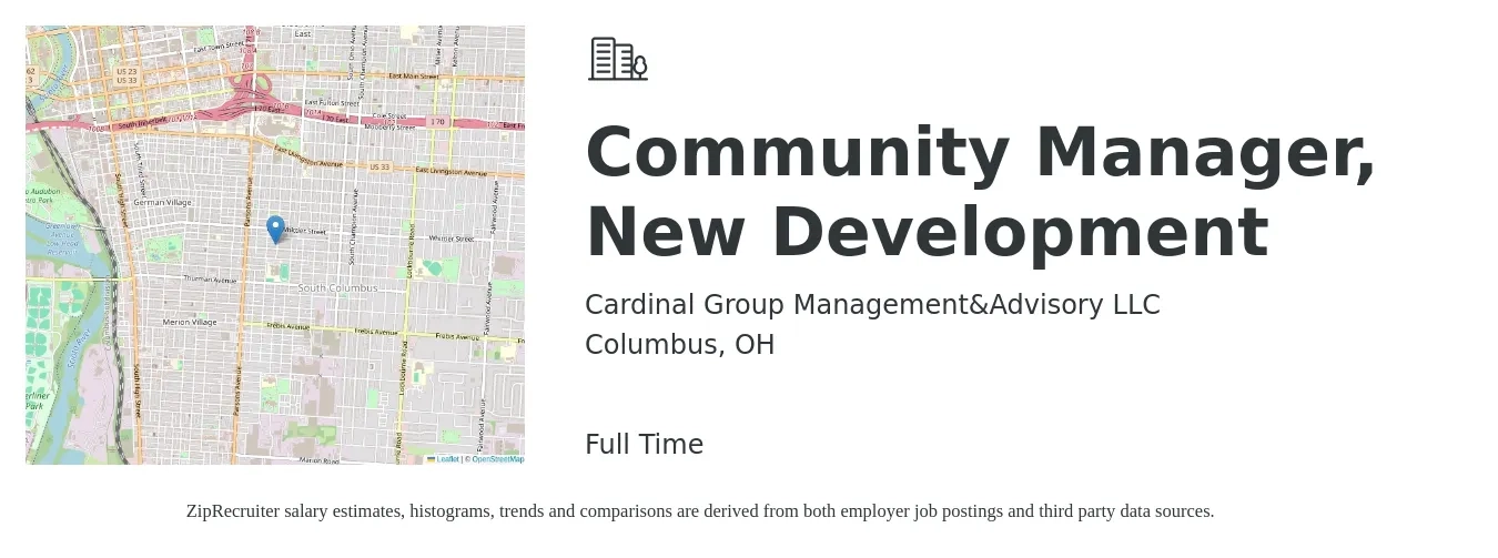Cardinal Group Management&Advisory LLC job posting for a Community Manager, New Development in Columbus, OH with a salary of $56,500 to $88,400 Yearly with a map of Columbus location.