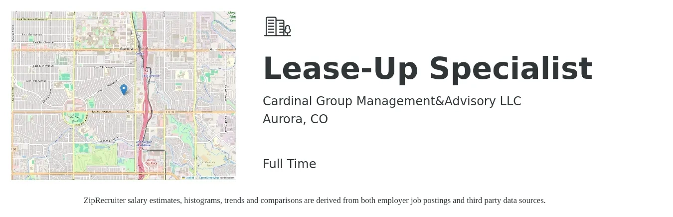 Cardinal Group Management&Advisory LLC job posting for a Lease-Up Specialist in Aurora, CO with a salary of $17 to $22 Hourly with a map of Aurora location.