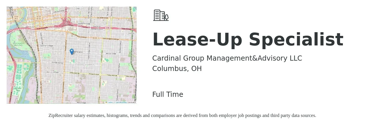 Cardinal Group Management&Advisory LLC job posting for a Lease-Up Specialist in Columbus, OH with a salary of $16 to $21 Hourly with a map of Columbus location.