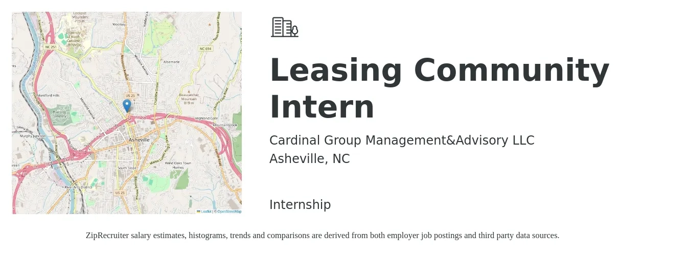 Cardinal Group Management&Advisory LLC job posting for a Leasing Community Intern in Asheville, NC with a salary of $14 to $17 Hourly with a map of Asheville location.