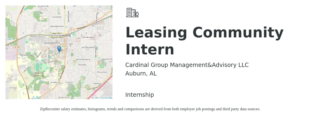 Cardinal Group Management&Advisory LLC job posting for a Leasing Community Intern in Auburn, AL with a salary of $12 to $15 Hourly with a map of Auburn location.