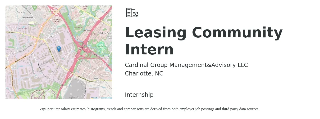Cardinal Group Management&Advisory LLC job posting for a Leasing Community Intern in Charlotte, NC with a salary of $15 to $18 Hourly with a map of Charlotte location.