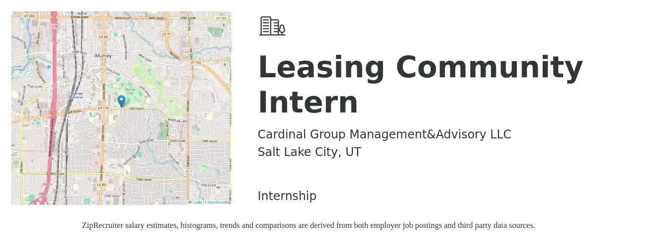 Cardinal Group Management&Advisory LLC job posting for a Leasing Community Intern in Salt Lake City, UT with a salary of $15 to $18 Hourly with a map of Salt Lake City location.