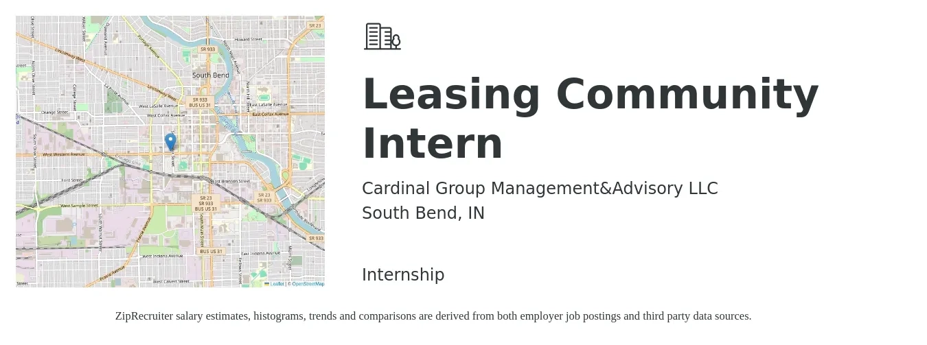 Cardinal Group Management&Advisory LLC job posting for a Leasing Community Intern in South Bend, IN with a salary of $15 to $18 Hourly with a map of South Bend location.