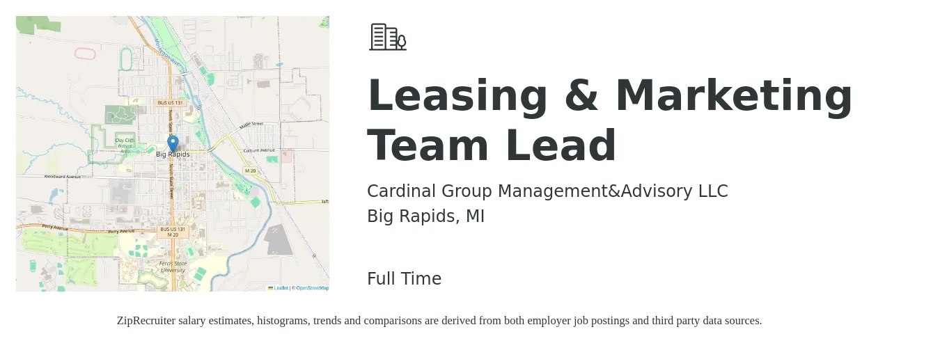 Cardinal Group Management&Advisory LLC job posting for a Leasing & Marketing Team Lead in Big Rapids, MI with a salary of $14 to $17 Hourly with a map of Big Rapids location.
